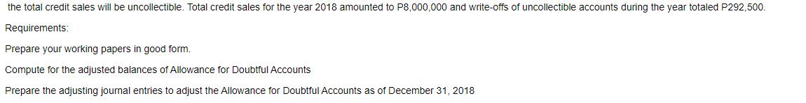 the total credit sales will be uncollectible. Total credit sales for the year 2018 amounted to P8,000,000 and