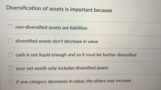 Diversification of assets is important because non-diversified assets are liabilities diversified assets