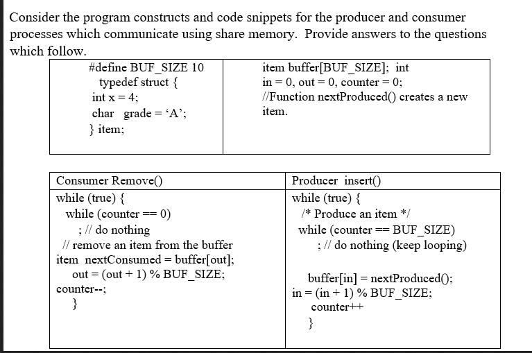 Consider the program constructs and code snippets for the producer and consumer processes which communicate