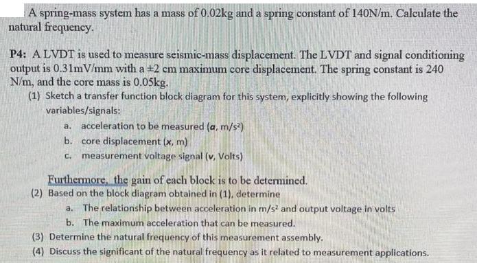 A spring-mass system has a mass of 0.02kg and a spring constant of 140N/m. Calculate the natural frequency.