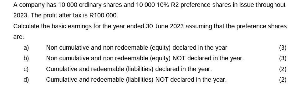 A company has 10 000 ordinary shares and 10 000 10% R2 preference shares in issue throughout 2023. The profit
