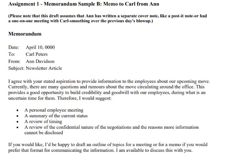 Assignment 1 - Memorandum Sample B: Memo to Carl from Ann (Please note that this draft assumes that Ann has
