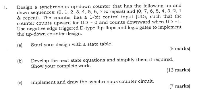 1. Design a synchronous up-down counter that has the following up and down sequences: (0, 1, 2, 3, 4, 5, 6, 7