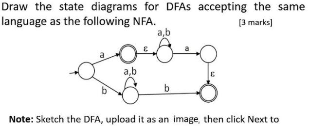 Draw the state diagrams for DFAs accepting the same language as the following NFA. [3 marks] a,b 8 a you a,b