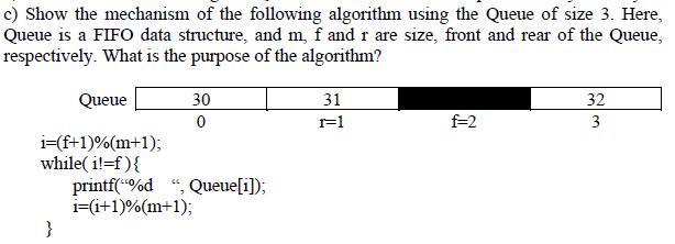 c) Show the mechanism of the following algorithm using the Queue of size 3. Here, Queue is a FIFO data