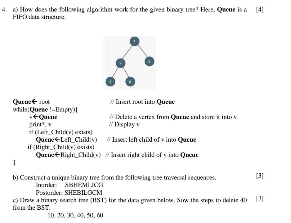 [4] 4. a) How does the following algorithm work for the given binary tree? Here, Queue is a FIFO data