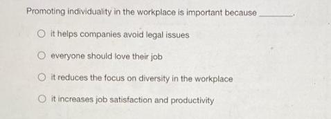 Promoting individuality in the workplace is important because O it helps companies avoid legal issues