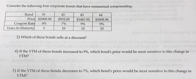 Consider the following four corporate bonds that have semiannual compounding: Bond Price Coupon Rate Years to