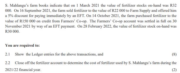 S. Mahlangu's farm books indicate that on 1 March 2021 the value of fertilizer stocks on-hand was R32 000. On