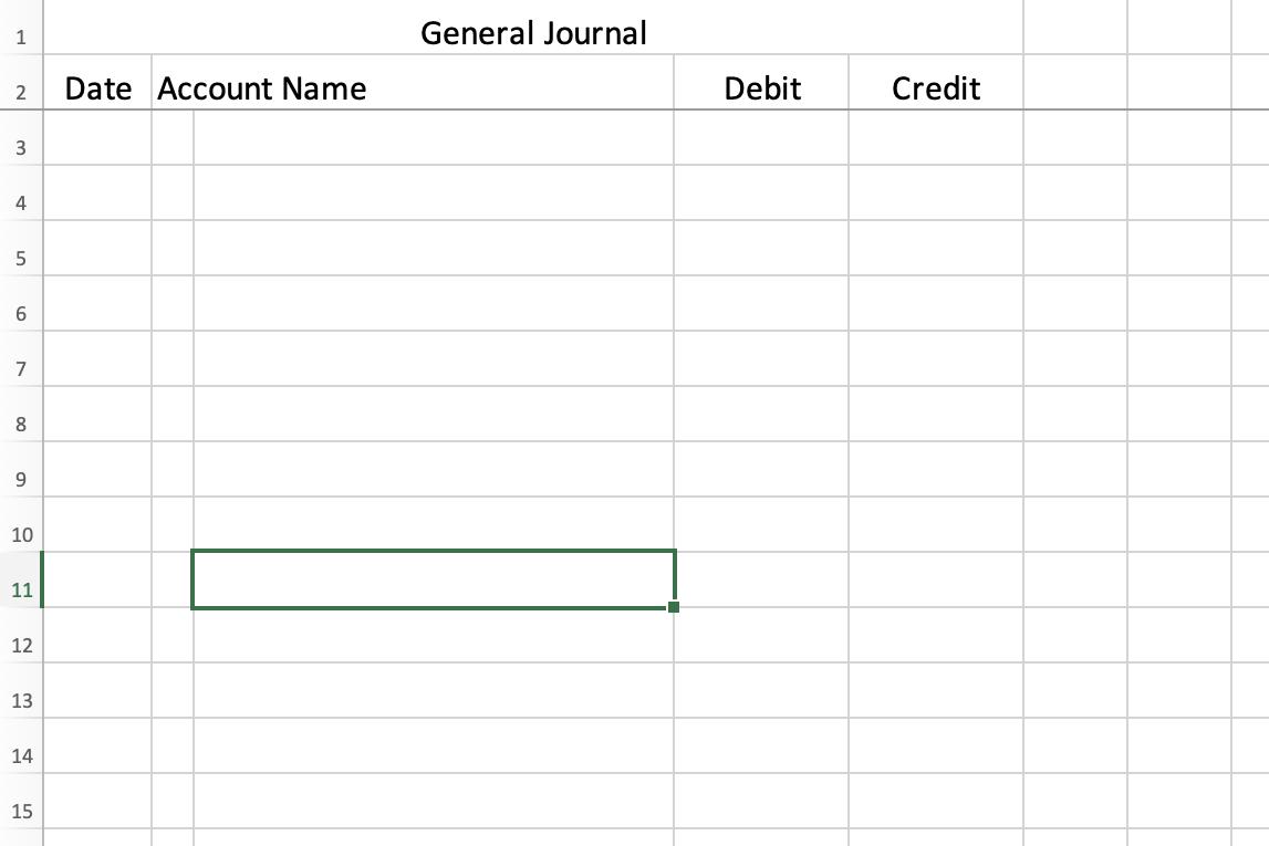 1 2 Date Account Name 3 4 5 6 7 00 8 9 10 11 12 13 14 15 General Journal Debit Credit