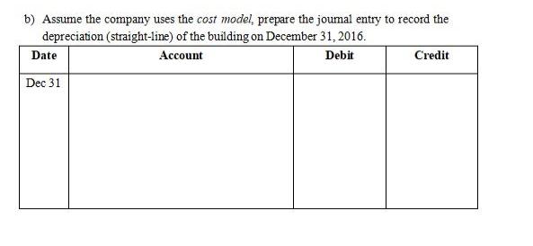 b) Assume the company uses the cost model, prepare the joumal entry to record the depreciation
