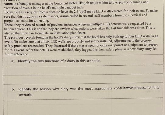 Aaron is a banquet manager at the Continent Hotel. His job requires him to oversee the planning and execution
