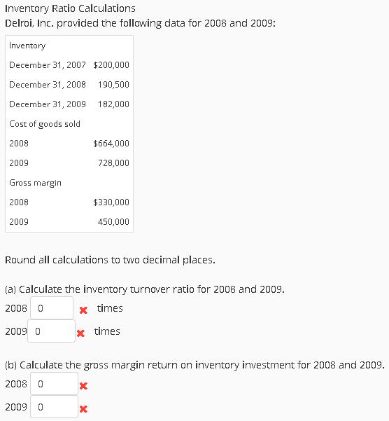 Inventory Ratio Calculations Delroi, Inc. provided the following data for 2008 and 2009: Inventory December