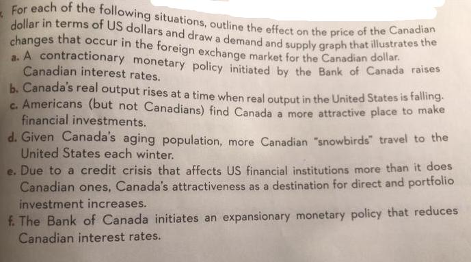 For each of the following situations, outline the effect on the price of the Canadian dollar in terms of US
