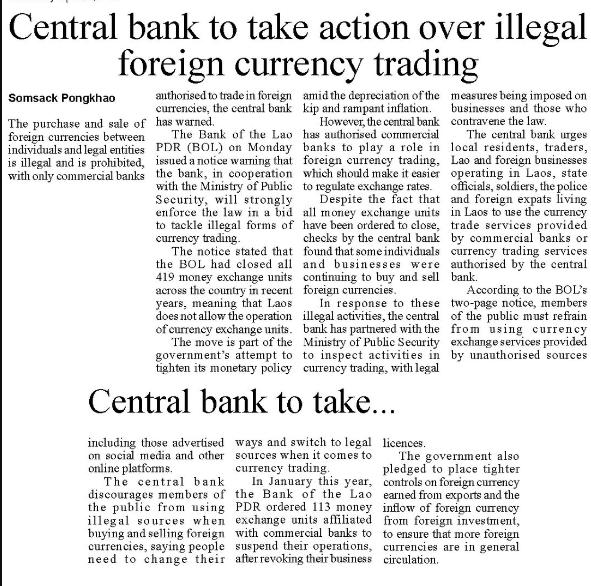 Central bank to take action over illegal foreign currency trading amid the depreciation of the kip and