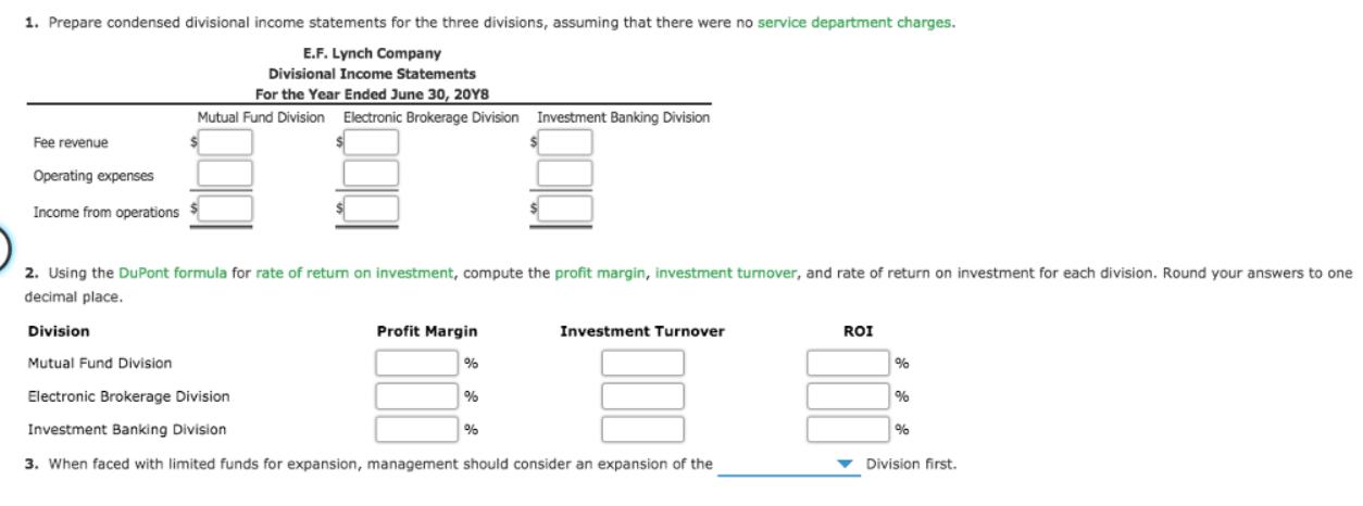 1. Prepare condensed divisional income statements for the three divisions, assuming that there were no