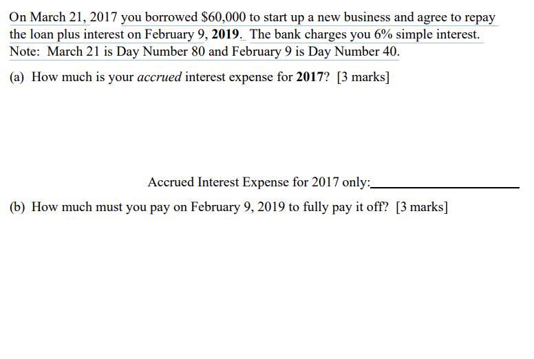On March 21, 2017 you borrowed $60,000 to start up a new business and agree to repay the loan plus interest