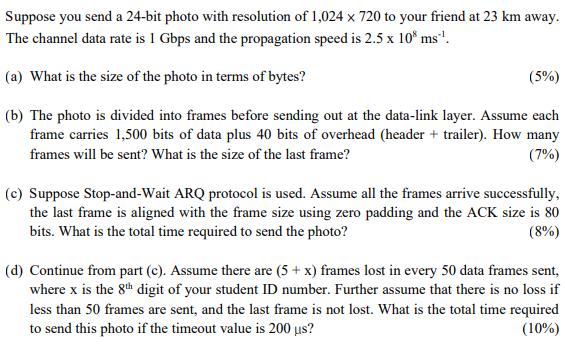 Suppose you send a 24-bit photo with resolution of 1,024 x 720 to your friend at 23 km away. The channel data