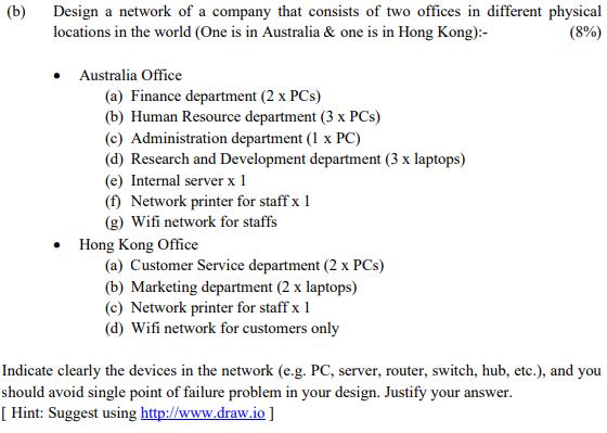 (b) Design a network of a company that consists of two offices in different physical locations in the world