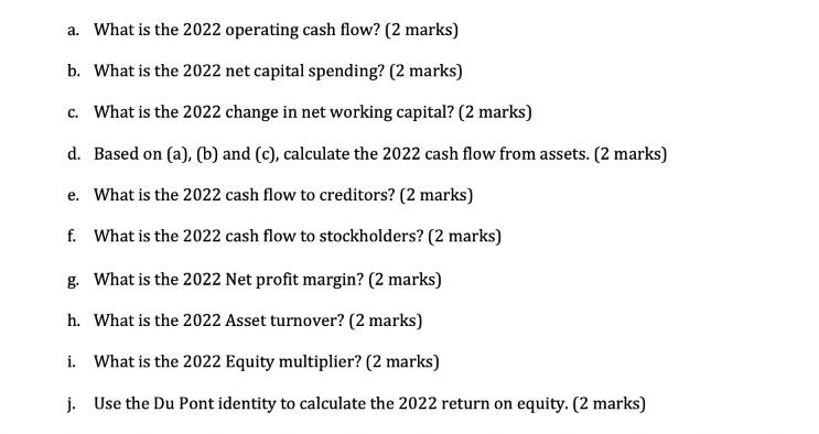 a. What is the 2022 operating cash flow? (2 marks) b. What is the 2022 net capital spending? (2 marks) c.