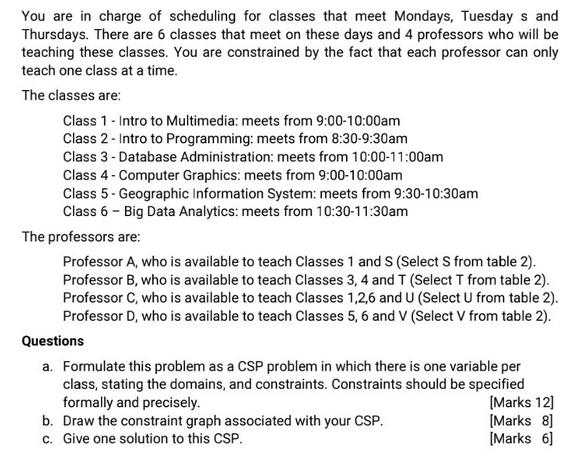 You are in charge of scheduling for classes that meet Mondays, Tuesdays and Thursdays. There are 6 classes