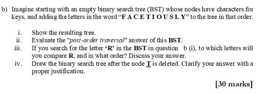 b) Imagine starting with an empty binary search tree (BST) whose nodes have characters for keys, and adding