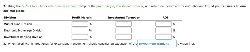 2. Using the DuPont formula for return on investment, compute the profit margin, investment turnover, and