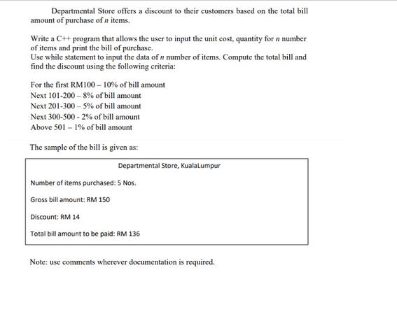 Departmental Store offers a discount to their customers based on the total bill amount of purchase of n