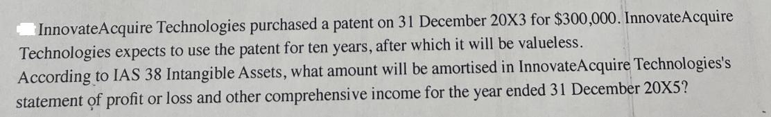 Innovate Acquire Technologies purchased a patent on 31 December 20X3 for $300,000. Innovate Acquire