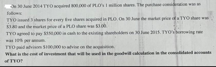 On 30 June 2014 TYO acquired 800,000 of PLO's 1 million shares. The purchase consideration was as follows: