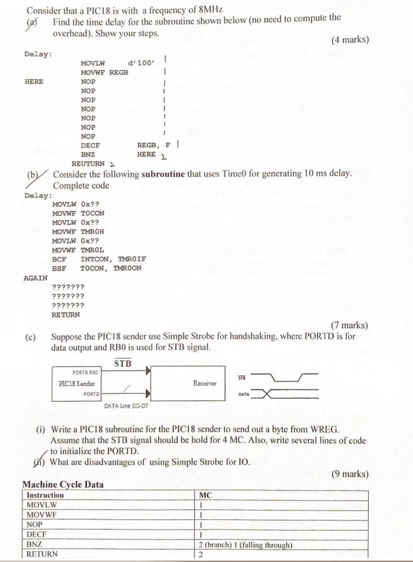 Consider that a PIC18 is with a frequency of 8MHz (a) Find the time delay for the subroutine shown below (no