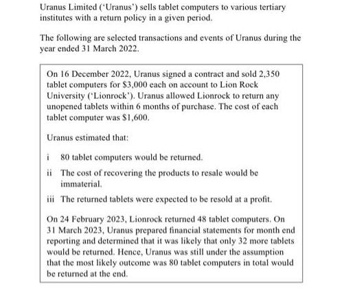 Uranus Limited ('Uranus') sells tablet computers to various tertiary institutes with a return policy in a