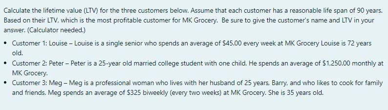 Calculate the lifetime value (LTV) for the three customers below. Assume that each customer has a reasonable
