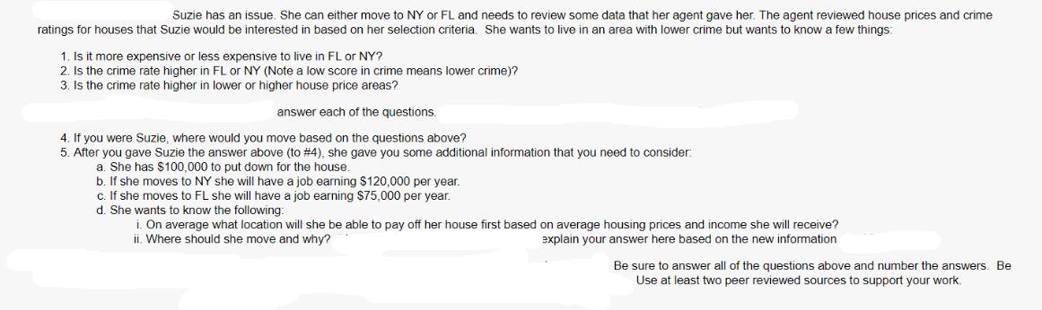 Suzie has an issue. She can either move to NY or FL and needs to review some data that her agent gave her.