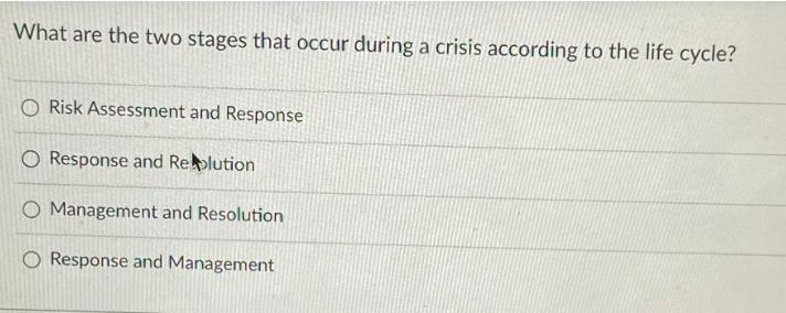 What are the two stages that occur during a crisis according to the life cycle? Risk Assessment and Response