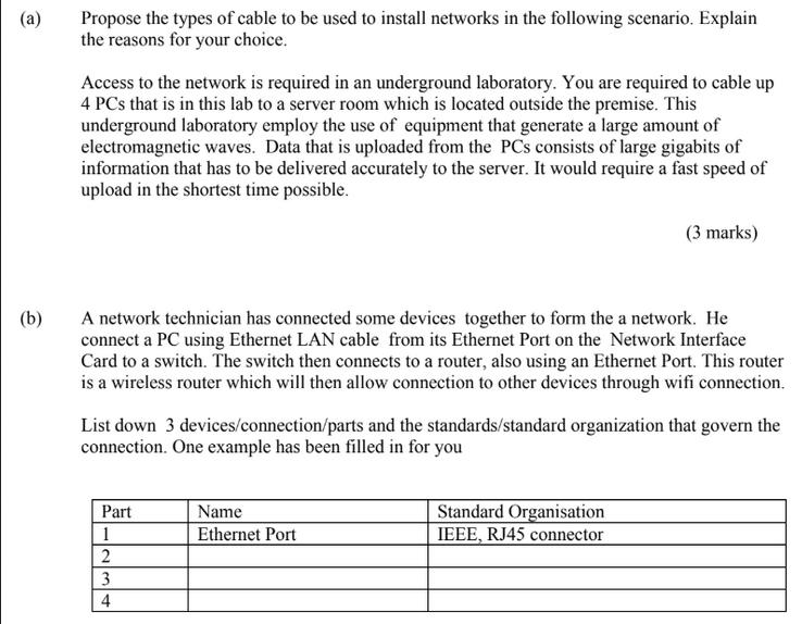 (a) (b) Propose the types of cable to be used to install networks in the following scenario. Explain the