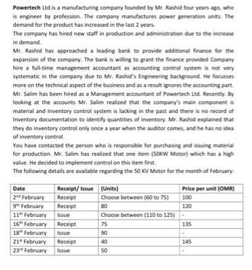 Powertech Ltd. is a manufacturing company founded by Mr. Rashid four years ago, who is engineer by
