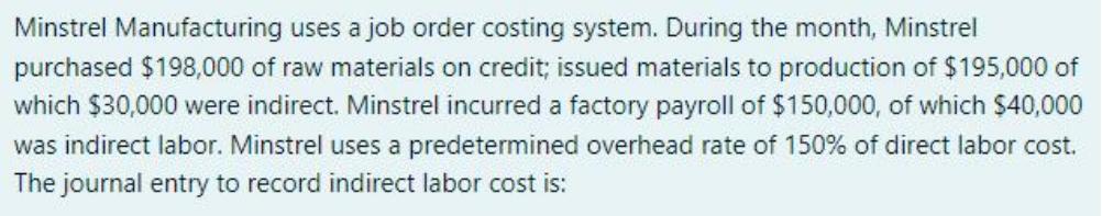 Minstrel Manufacturing uses a job order costing system. During the month, Minstrel purchased $198,000 of raw