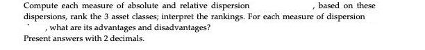 Compute each measure of absolute and relative dispersion based on these dispersions, rank the 3 asset