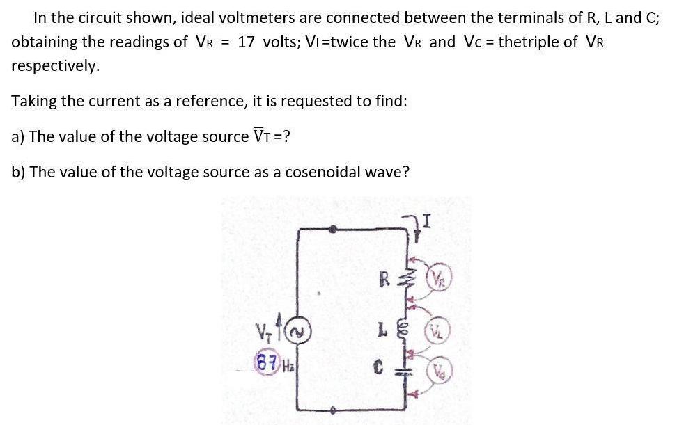 In the circuit shown, ideal voltmeters are connected between the terminals of R, L and C; obtaining the
