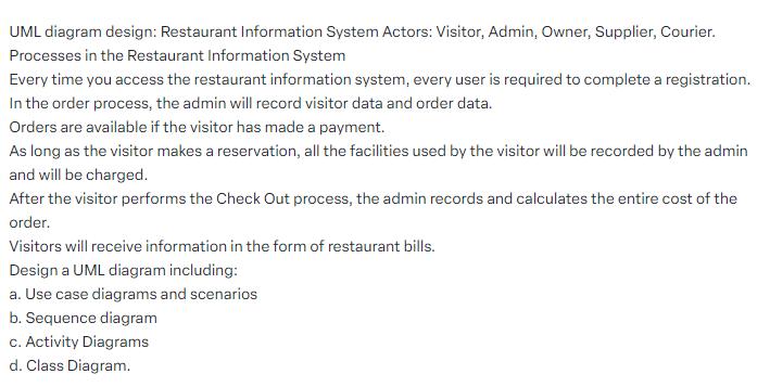 UML diagram design: Restaurant Information System Actors: Visitor, Admin, Owner, Supplier, Courier. Processes