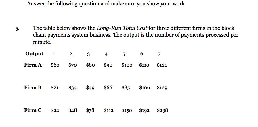 5. Answer the following question and make sure you show your work. The table below shows the Long-Run Total