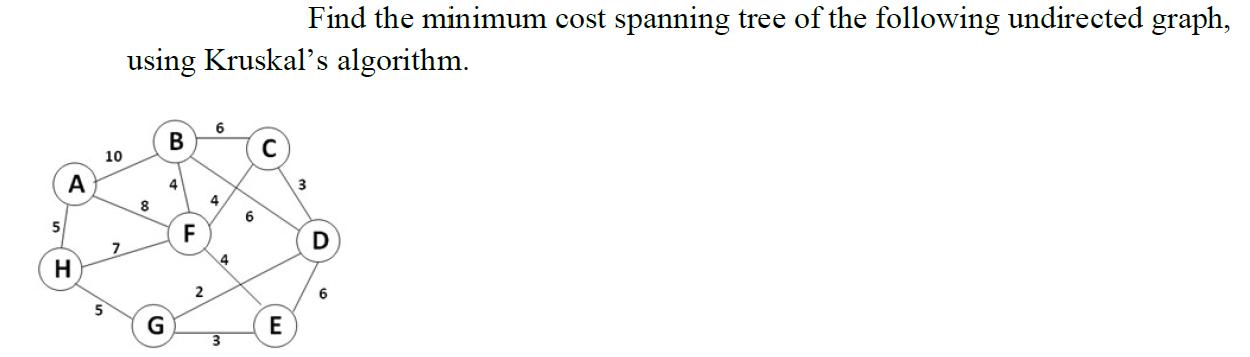 5 A H 10 7 Find the minimum cost spanning tree of the following undirected graph, using Kruskal's algorithm.