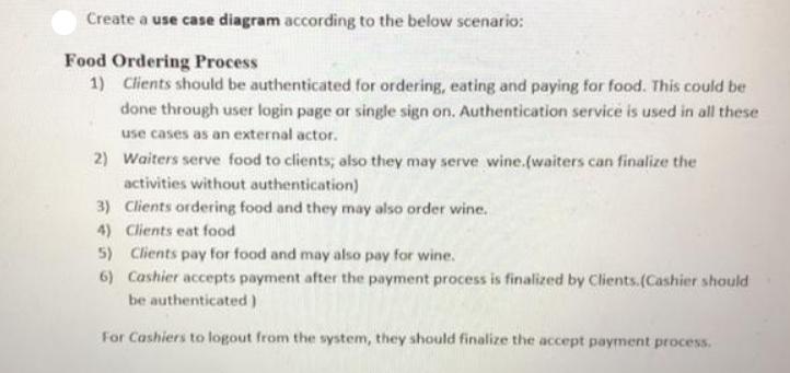 Create a use case diagram according to the below scenario: Food Ordering Process 1) Clients should be