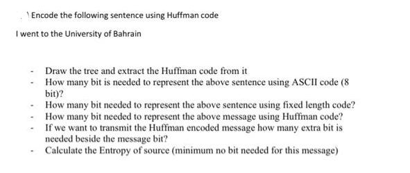 Encode the following sentence using Huffman code I went to the University of Bahrain Draw the tree and