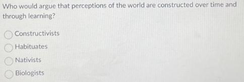 Who would argue that perceptions of the world are constructed over time and through learning? Constructivists