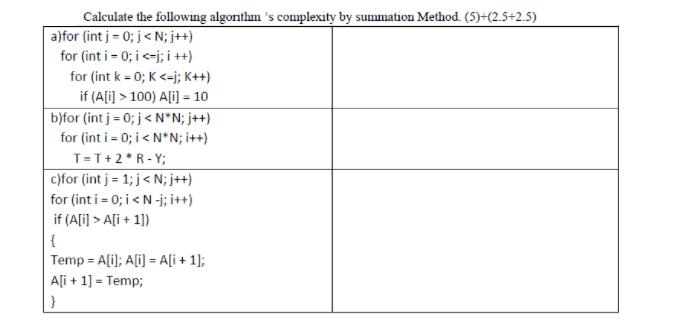 Calculate the following algorithm 's complexity by summation Method. (5)+(2.5+2.5) a)for (int j = 0; j