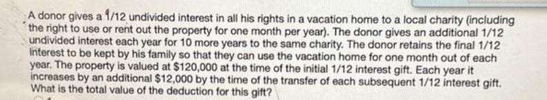 A donor gives a 1/12 undivided interest in all his rights in a vacation home to a local charity (including