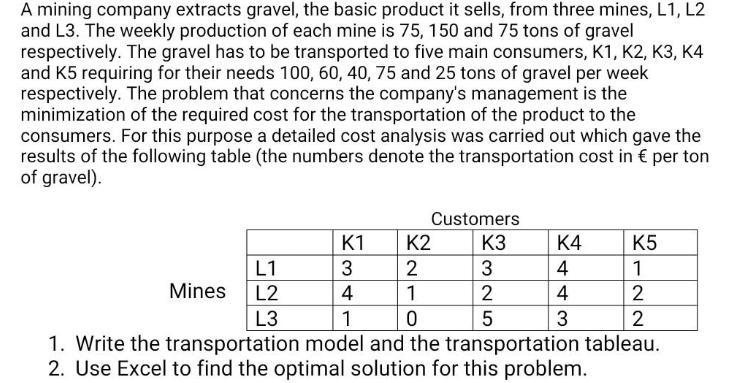A mining company extracts gravel, the basic product it sells, from three mines, L1, L2 and L3. The weekly
