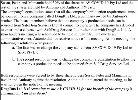 Susan, Peter, and Mamamia hold 30% of the shares in AV COVID-19 Pty Ltd and the rest of the shares are held